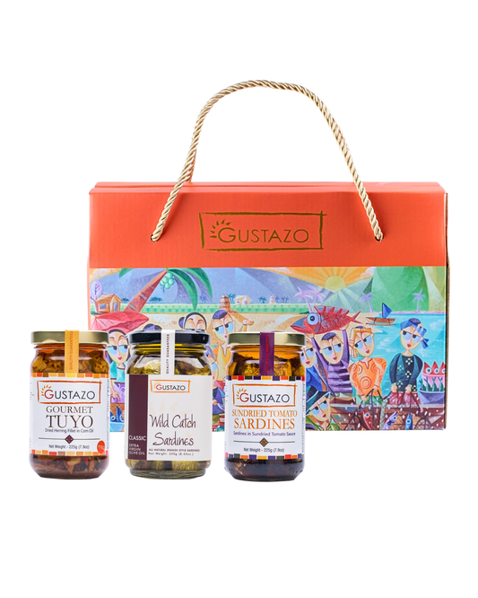 Gourmet Trio B: Gourmet Tuyo Mild in Corn Oil, Wild Catch Sardines Classic & Sundried Tomato Sardines in a Trio Gift Box (Jovan Benito Edition)