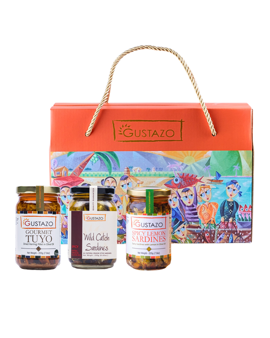 Gourmet Trio C: Gourmet Tuyo in Olive Oil, Wild Catch Sardines Spicy & Spicy Lemon Sardines in a Trio Gift Box (Jovan Benito Edition)